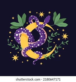 Snake moon and flower magic print. Tattoo vintage fashion vector wild animal reptile.