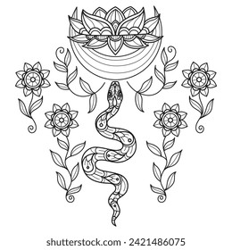 Snake and moon lotus hand drawn for adult coloring book