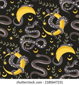 Snake moon seamless vector pattern. Boho background