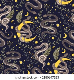 Snake moon seamless vector pattern. Boho background