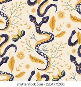 Snake and moth floral seamless pattern. Vector flower magic mystic boho background modern art.