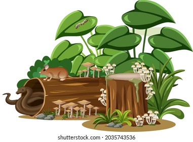 Snake and mouse with fungus timber on white background illustration