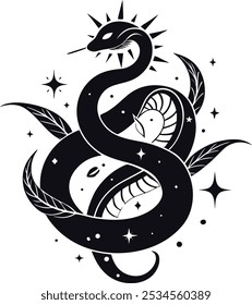 Snake with mystical magic objects moon and stars Spiritual occultism symbols