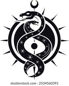 Snake with mystical magic objects moon and stars Spiritual occultism symbols