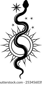 Snake with mystical magic objects moon and stars Spiritual occultism symbols