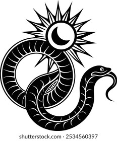 Snake with mystical magic objects moon and stars Spiritual occultism symbols