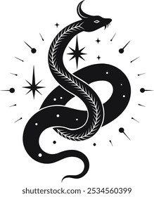 Snake with mystical magic objects moon and stars Spiritual occultism symbols