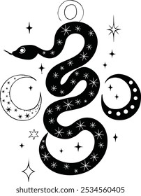 Snake with mystical magic objects moon and stars Spiritual occultism symbols