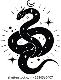 Snake with mystical magic objects moon and stars Spiritual occultism symbols