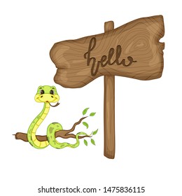 Snake near wooden signboard with the inscription "hello" in vector. Cartoon illustration