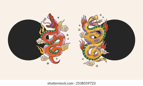 Snake new year frames with symbol of the snake. Traditional oriental tattoo style. Set of two pythons with clouds, fire and stars. Happy chinese new year templates