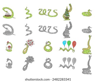 a snake with a New Year's gift curled up near him compilation. vector stock image