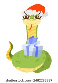 a snake in a New Year's hat with a gift coiled near him. vector stock image