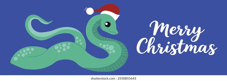Snake in a New Year's hat isolated on a blue background. Snake is the symbol of 2025. New Year vector illustration.