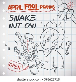 Snake Nut Can Prank Drawing In Doodle Style With April Fool Surprised To See So Many Confetti And Toy Snakes.