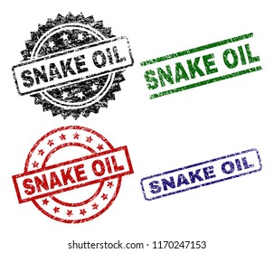 SNAKE OIL seal stamps with distress style. Black, green,red,blue vector rubber prints of SNAKE OIL label with unclean style. Rubber seals with circle, rectangle, medallion shapes.