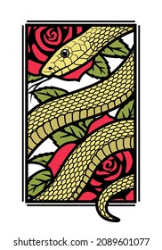 Snake on a background of roses.
