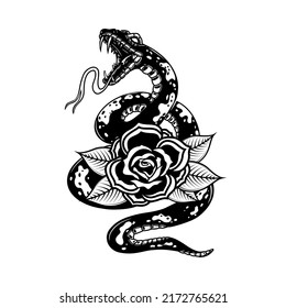 Snake on the background with roses. Design element for poster, t shirt, card, banner. Vector illustration