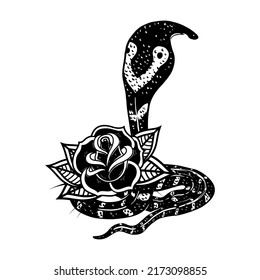 Snake on the background with roses. Design element for poster, t shirt, card, banner. Vector illustration
