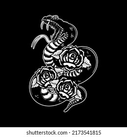 Serpiente en el fondo con rosas. Elemento de diseño para afiches, camisetas, tarjetas, pancartas. Ilustración del vector