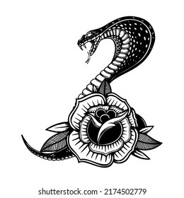 Snake on the background with roses. Design element for poster, t shirt, card, banner. Vector illustration