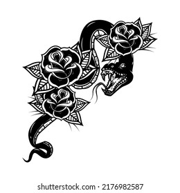 Serpiente en el fondo con rosas. Elemento de diseño para afiches, camisetas, tarjetas, pancartas. Ilustración del vector