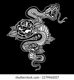 Snake on the background with roses. Design element for poster, t shirt, card, banner. Vector illustration