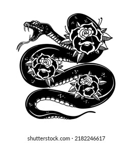Snake on the background with roses. Design element for poster, t shirt, card, banner. Vector illustration
