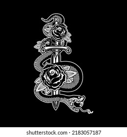 Snake on the background with roses. Design element for poster, t shirt, card, banner. Vector illustration