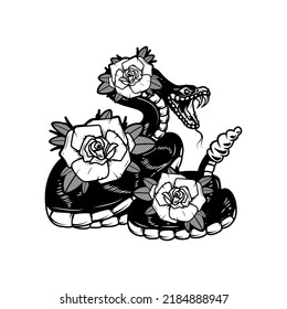 Snake on the background with roses. Design element for poster, t shirt, card, banner. Vector illustration