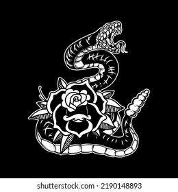 Snake on the background with roses. Design element for poster, t shirt, card, banner. Vector illustration