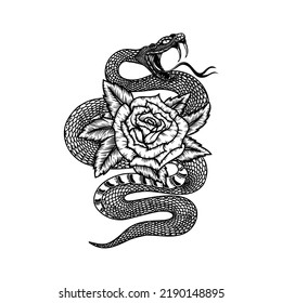 Snake on the background with roses. Design element for poster, t shirt, card, banner. Vector illustration