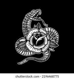 Snake on the background with roses. Design element for poster, t shirt, card, banner. Vector illustration
