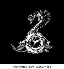 Snake on the background with roses. Design element for poster, t shirt, card, banner. Vector illustration