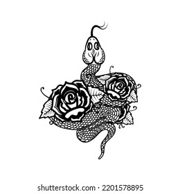 Snake on the background with roses. Design element for poster, t shirt, card, banner. Vector illustration