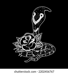 Serpiente en el fondo con rosas. Elemento de diseño para afiches, camisetas, tarjetas, pancartas. Ilustración del vector