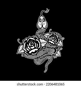 Snake on the background with roses. Design element for poster, t shirt, card, banner. Vector illustration