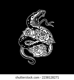 Snake on the background with roses. Design element for poster, t shirt, card, banner. Vector illustration