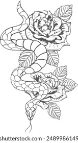 Snake on the background with two roses. Vector image