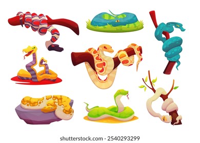 Snake on ground. Cartoon jungle animal on branch tree. Python, cobra and viper. Reptile green and red icon. Forest wildlife exotic anaconda creature. Vector venomous serpent, isolated illustration