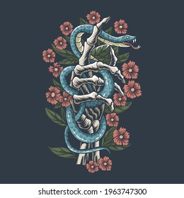 The snake is on the hand bones of the skull between the flowers, editable layers vector