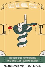 Snake on the hand. Mystical retro card. Symbol of deception and danger. Ready design elements for print, tattoo, t-shirt, web or other concepts. Vector graphics