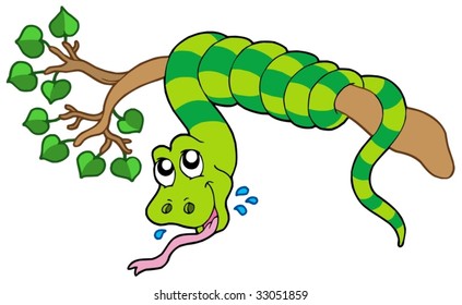 Snake on leafy branch - vector illustration.