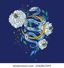snake on the month with ions and stars on a blue background. Pattern for clothes, wallpaper, bags, wrapping paper, dishes, notebooks, boxes. Vector.
