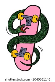 Snake on a skateboard isolated vector illustration. Street sports colorful snake character crawling around skateboard.