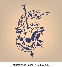 Snake on a skull pierced with an arrow. Traditional tattoo.