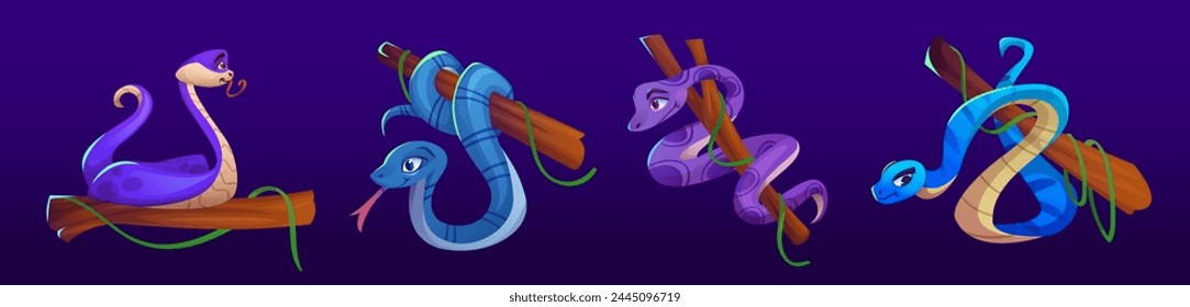 Snake on tree branch for jungle landscape or game ui design. Vector illustration set of cute funny blue and purple serpent animal creeping on twig. Comic cartoon character of forest reptile.