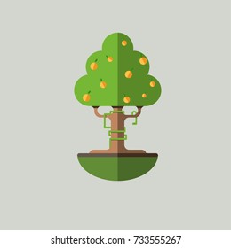 The snake on the tree with oranges. Flat illustration