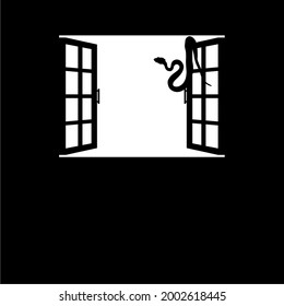 Snake on the Windows Silhouette Illustration. Creepy, Horror, Scary, Mystery, or Crime Illustration. Art Illustration for Horror Movie or Halloween Poster Design Element. Vector Illustration 