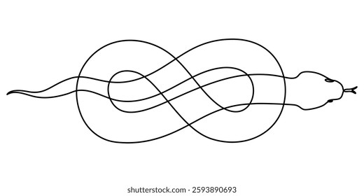 Snake in one continuous line. One line drawing, minimalism. Vector illustration. Snake One continuous line drawing. Snake in simple doodle style, Snake one line continuous. Hand drawn vector art. 